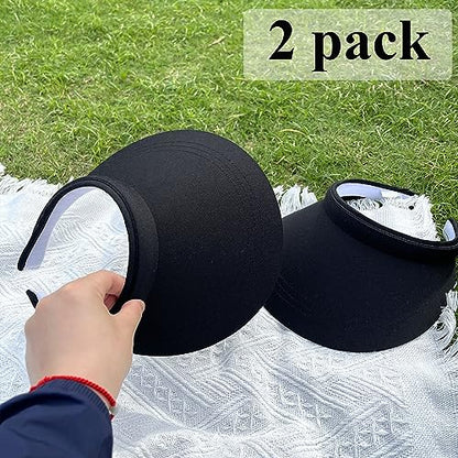 2 Pack Sun Visors Women Wide Brim Clip on Summer Hats Adjustable UV Protection - color: 2pcs,black