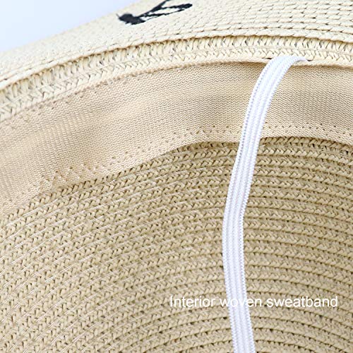 DRESHOW Big Straw Sun Hats for Women Floppy Foldable Roll up Beach Cap Sun Hat UPF 50+ Vacation Honeymoon Embroidered Hat - color: Z Resting Beach Face: Beige
