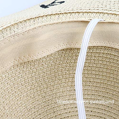 DRESHOW Big Straw Sun Hats for Women Floppy Foldable Roll up Beach Cap Sun Hat UPF 50+ Vacation Honeymoon Embroidered Hat - color: Z Resting Beach Face: Beige