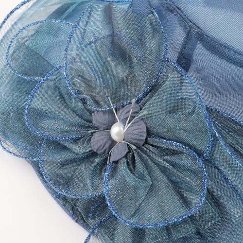 AQOKKA Women Organza Church Fascinators Kentucky Derby Hats for Women and Girls Wedding Flower Tea Party Hat with Wide Brim - color: Simulated Flower : Navy