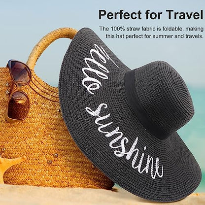 DRESHOW Big Straw Sun Hats for Women Floppy Foldable Roll up Beach Cap Sun Hat UPF 50+ Vacation Honeymoon Embroidered Hat - color: Ae Hello Sunshine A: Black