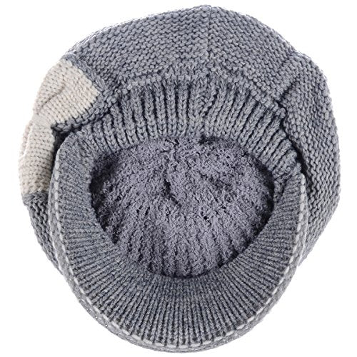 BYOS Womens Winter Chic Cable Warm Fleece Lined Crochet Knit Hat W/Visor Newsboy Cabbie Cap - color: Gray W/ Ivory Bow