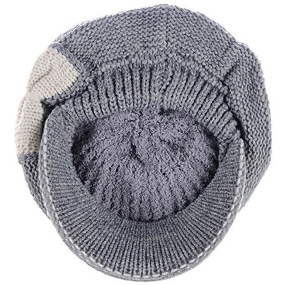BYOS Womens Winter Chic Cable Warm Fleece Lined Crochet Knit Hat W/Visor Newsboy Cabbie Cap - color: Gray W/ Ivory Bow
