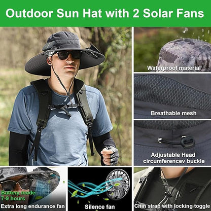 Fishing Hats with Sunglasses, Wide Brim Sun Hat with 2 Solar Fan, USB & Solar Powered Fishing Hats, Solar Fan Hats UPF 50+ - color: Black