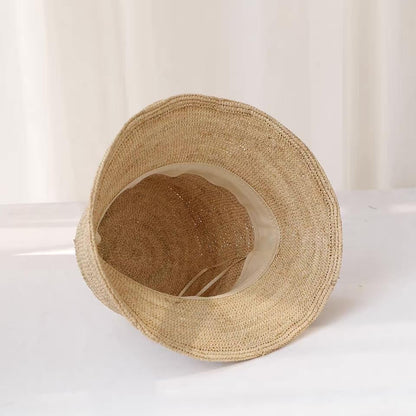 Natural Raffia Straw Bucket Hat for Women Sun Beach Handmade Raffia Woven Bucket Hat Foldable Summer Cap - color: Natural Raffia ( Brim2.4“)