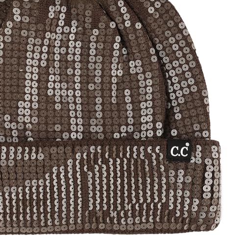 C.C Sequin Pom Beanie for Women - Acrylic Stretchable Soft Warm Knit Winter Skully Hat with Yarn Pom - color: Clear Sequin-chocolate