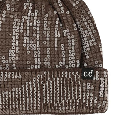 C.C Sequin Pom Beanie for Women - Acrylic Stretchable Soft Warm Knit Winter Skully Hat with Yarn Pom - color: Clear Sequin-chocolate