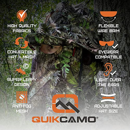 QuikCamo Men’s 3D Leafy Camo Bucket Hat with Built-in Face Mask for Turkey Hunting - Adjustable Size - color: Realtree Xtra Green Camo