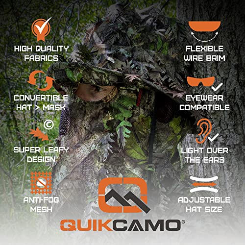 QuikCamo Men’s 3D Leafy Camo Bucket Hat with Built-in Face Mask for Turkey Hunting - Adjustable Size - color: Realtree Edge Camo