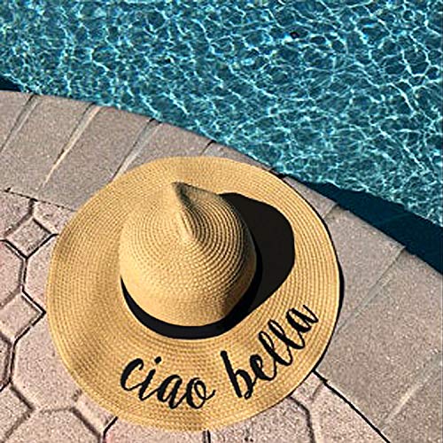 DRESHOW Big Straw Sun Hats for Women Floppy Foldable Roll up Beach Cap Sun Hat UPF 50+ Vacation Honeymoon Embroidered Hat - color: Ae Ciao Bella: Khaki