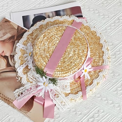 Victorian Tea Party Sun Hat, Wide Brim Straw Flat Cap - color: Pink