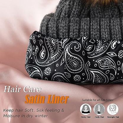 FURTALK Womens Winter Beanie Hat Satin Lined Faux Fur Pom Pom Beanies Hat for Women Winter Warm Knit Hats - color: Dark Grey