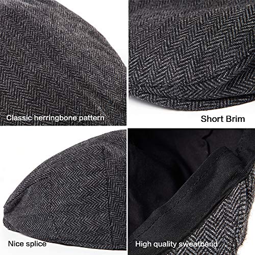 Herringbone Flat Ivy Newsboy Cap for Men 1920s Wool Blend Tweed Cabbie Hat - color: 001 Black, size: Large-X-Large