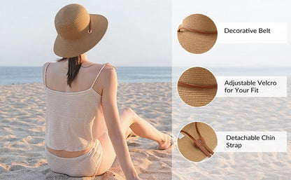 Beach Hat for Women, Wide Brim Sun Straw, UPF 50+ Foldable Floppy Sun Hat - color: B-10.5cm,khaki