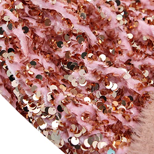 Women Sparkly Sequins Knitted Beanie Hat Warm Winter Skull Cap with Faux Fur Pom Pom - color: Pink