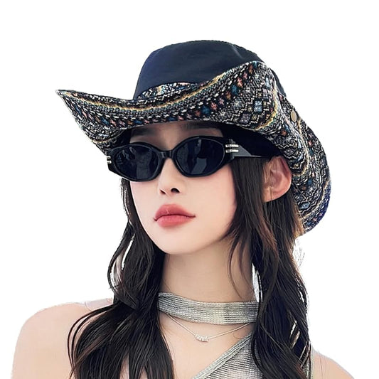 Womens Wide Brim Floral Summer Sun Hat UPF 50+ Ethnic Style Foldable Floppy Sun Protection Travel Beach Bucket Hat - color: Black