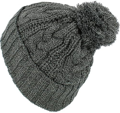KBETHOS Women's Winter Warm Thick Oversize Knitted Beanie Hat with Pom Pom - color: Dark Gray Mix Cable Knit Pom Beanie