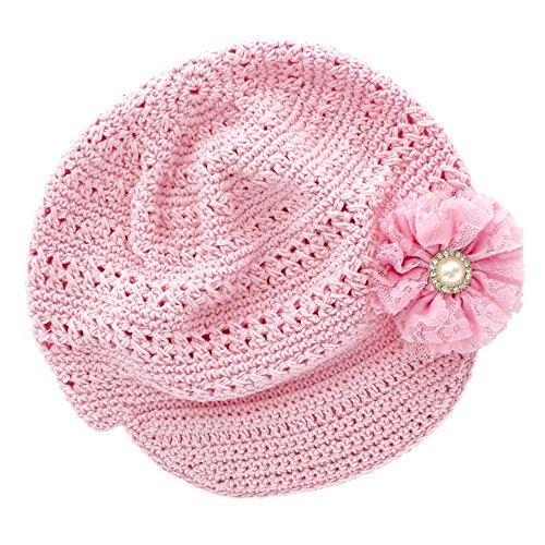 My Lello Little Girl's Newsboy Crochet Beanie Hat with Vintage Lace/Tulle Flower - color: Light Pink/Light Pink, size: One Size