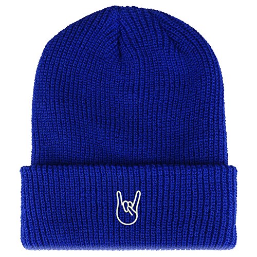 Trendy Apparel Shop Rock On Embroidered Ribbed Cuffed Knit Beanie - color: Royal