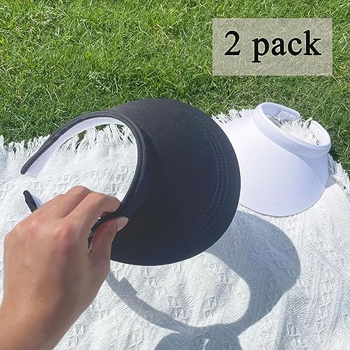 2 Pack Sun Visors Women Wide Brim Clip on Summer Hats Adjustable UV Protection - color: Mixed-black,white