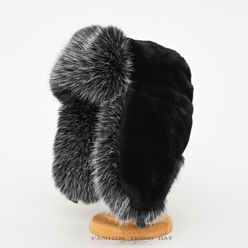 Winter Fuzzy Knit Trapper Hat with Faux Fur Earflap Fleece Lined Windproof Russian Ushanka Cap Ski Snow Hunting Hat - color: Fleece-black