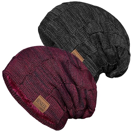 Senker Fashion 2 Pcs Winter Slouchy Beanie Hats for Men, Warm Mens Beanies - color: Red Black