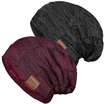 Senker Fashion 2 Pcs Winter Slouchy Beanie Hats for Men, Warm Mens Beanies - color: Red Black