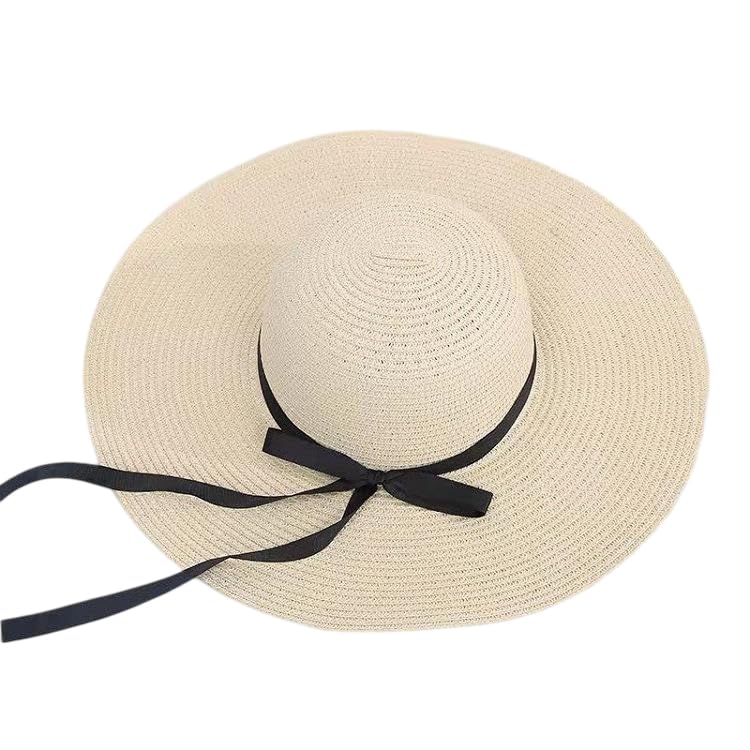 Women's Extra Wide Brim Straw Floppy Panama Sun Hat with Bow - color: Beige