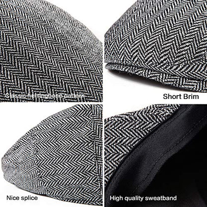 Herringbone Flat Ivy Newsboy Cap for Men 1920s Wool Blend Tweed Cabbie Hat - color: 003 Grey, size: Small-Medium