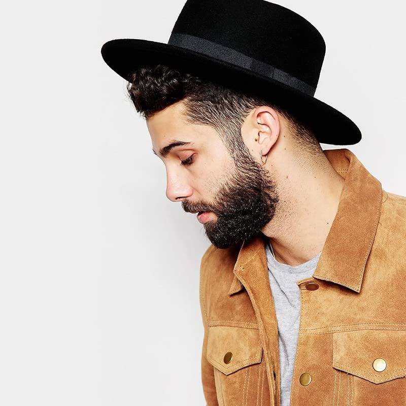 Pork Pie Hat for Men/Women, Wide Brim Felt Boater Fedora Church Derby Cap - color: Black-style 1