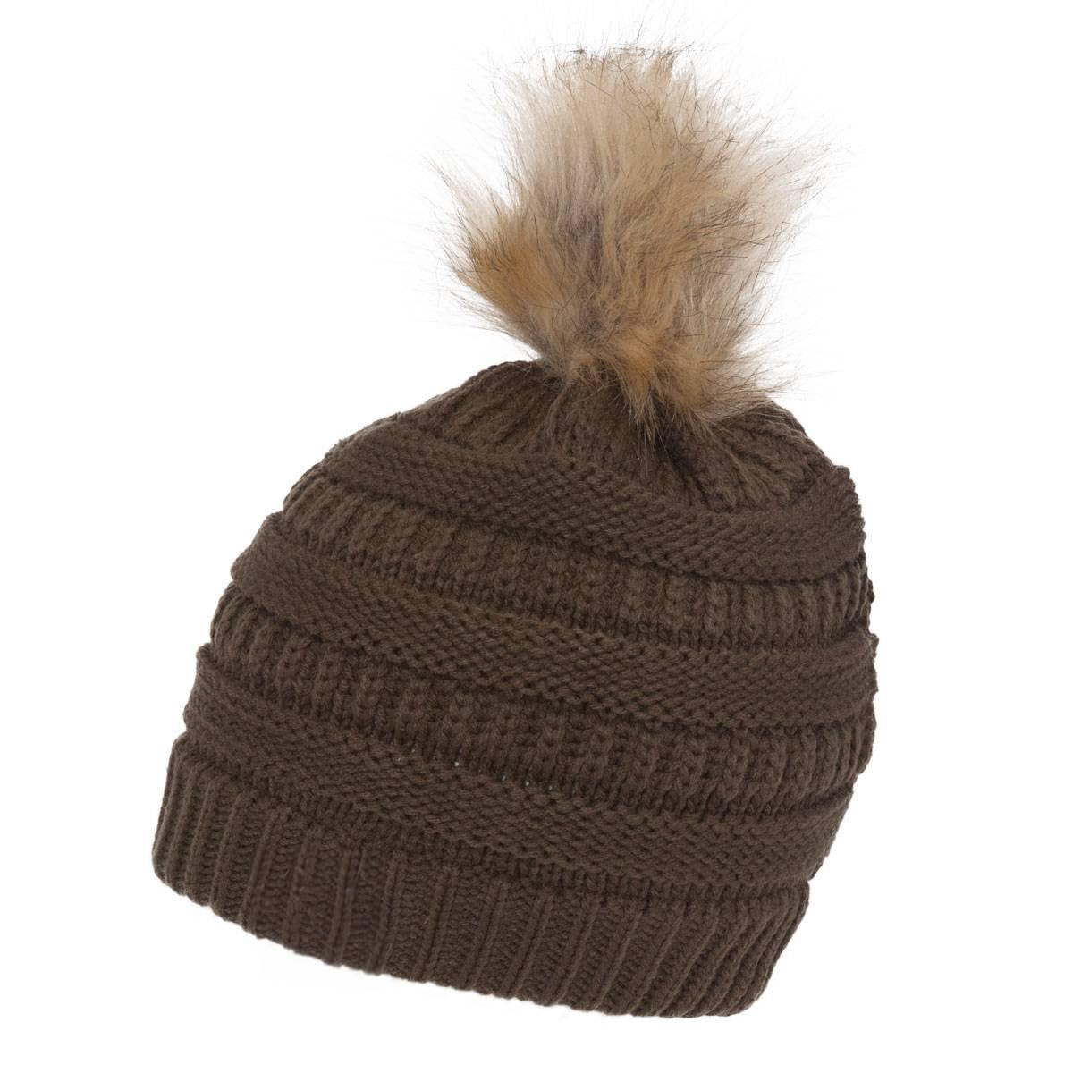 Gravity Threads Cable Knit Faux Fur Pom Pom Beanie Hat - color: Olive