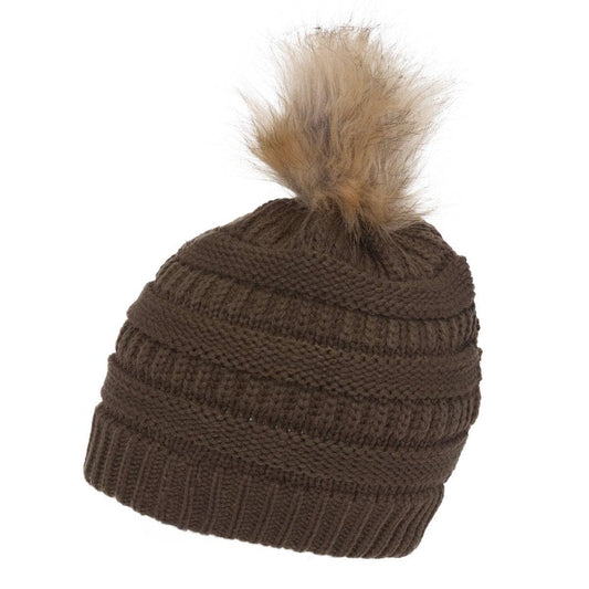 Gravity Threads Cable Knit Faux Fur Pom Pom Beanie Hat - color: Olive
