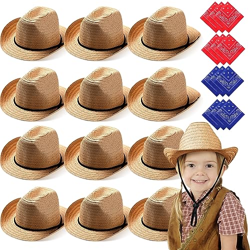 SATINIOR 12 Set Kids Cowboy Hats Bulk with Bandanas - color: Khaki