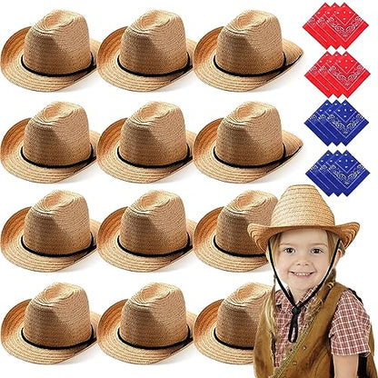 SATINIOR 12 Set Kids Cowboy Hats Bulk with Bandanas - color: Khaki