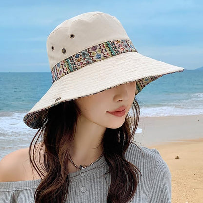 Womens Wide Brim Floral Summer Sun Hat UPF 50+ Ethnic Style Foldable Floppy Sun Protection Travel Beach Bucket Hat - color: Beige
