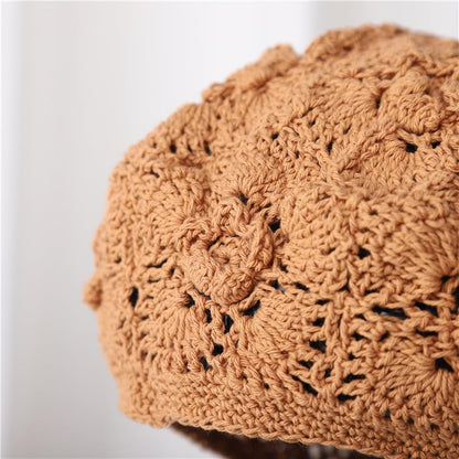 yolrdiw Cotton Crochet Beanie Handmade Floral Beret Beach Travel Boho Hat - color: Beige