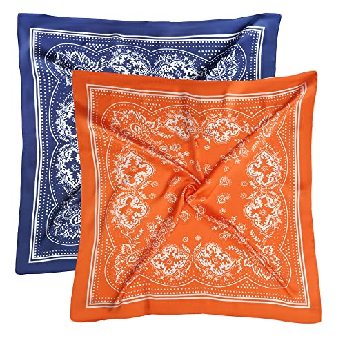 VANLINKER 27.5 Inches Silk Head Scarf for Women Men Vintage Bandanas Satin Hair Scarf Silk Wrap Neck Square Scarves VL9549 - color: C3+c5 Blue+orange