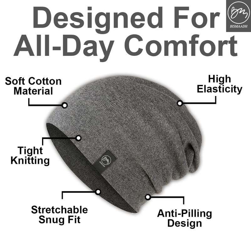 BISMAADH Unisex Soft Cotton Fashion Slouchy Beanie Headwear Skull Hair Cover Sleep Cap Hat for Frizzy Natural Curly Hair - color: Milange Dark Grey