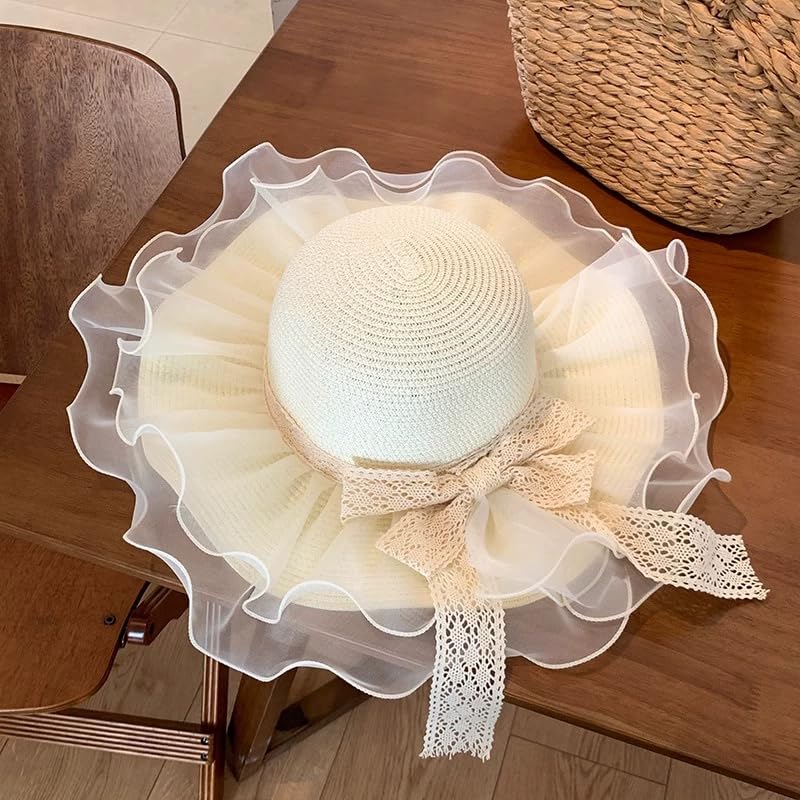 Women Summer Straw Hat Sun UV Protection Wide Brim Breathable Beach Visor Hats - color: Pale Yellow