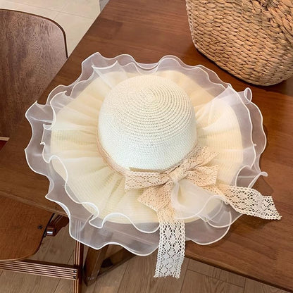 Women Summer Straw Hat Sun UV Protection Wide Brim Breathable Beach Visor Hats - color: Pale Yellow