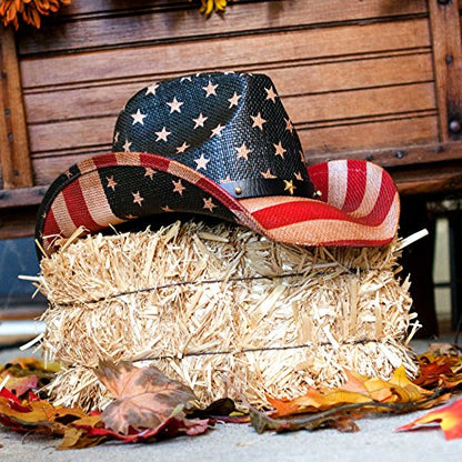 grinderPUNCH Straw Cowboy Hat for Men Women Western Cowgirl Outback Sun Hat - color: Antique Flag