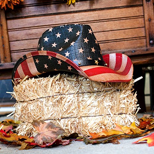 grinderPUNCH Straw Cowboy Hat for Men Women Western Cowgirl Outback Sun Hat - color: Antique Flag