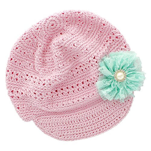 My Lello Little Girl's Newsboy Crochet Beanie Hat with Vintage Lace/Tulle Flower - color: Light Pink/Aqua, size: One Size