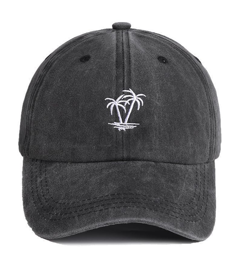 Plam Trees Hats Embroidered Washed Cotton Baseball Cap for Men Women Distressed Black Snapback Baseball Hat Adjustable - color: Plam Tree