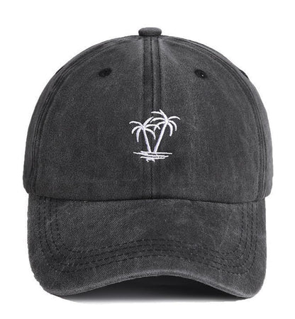 Plam Trees Hats Embroidered Washed Cotton Baseball Cap for Men Women Distressed Black Snapback Baseball Hat Adjustable - color: Plam Tree
