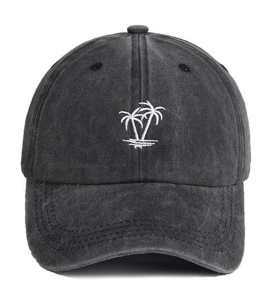 Plam Trees Hats Embroidered Washed Cotton Baseball Cap for Men Women Distressed Black Snapback Baseball Hat Adjustable - color: Plam Tree