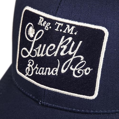 Lucky Brand Trucker Hat | Snapback | Adjustable | Mesh Back | Retro | Baseball Cap | Golf | Fishing | American Heritage - color: Embroidered Patch - Navy