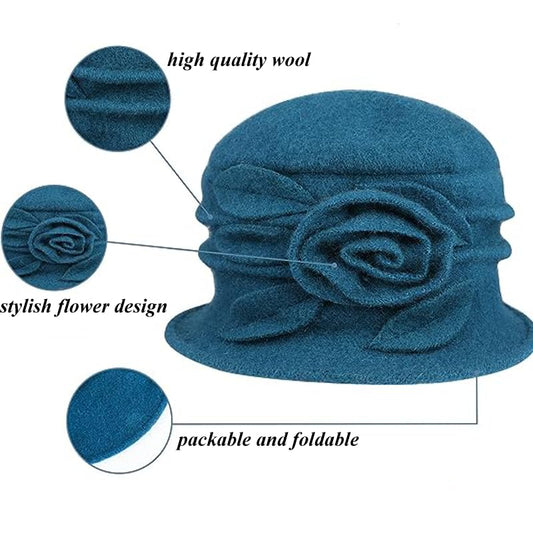 Wool Cloche Bucket Hat for Women 1920s Floral Bowler Cap Elegant Church Dress Cap Winter Warm Fedora Hat - color: Blue
