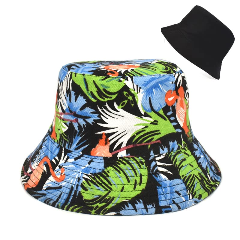 Bucket Hat Cotton Double-Side-Wear Reversible Sun Hat for Women Men, Summer Vacation Travel Beach Packable Fisherman Hat - color: Black Flamingo