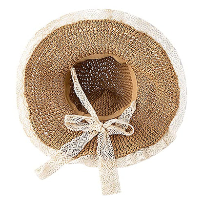 Women Wide Brim Straw Sun Hat Floppy Beach Cap UV Protection Crochet Bucket Hat Packable Summer Travel Hat with Lace Brim - color: Khaki